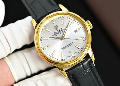 Rolex Datejust 8215 Movement 40mm White/Gold Face Index Markers Black Calfskin Leather Strap Men Watch